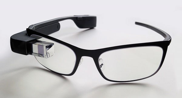 Google Glass sits on a white surface